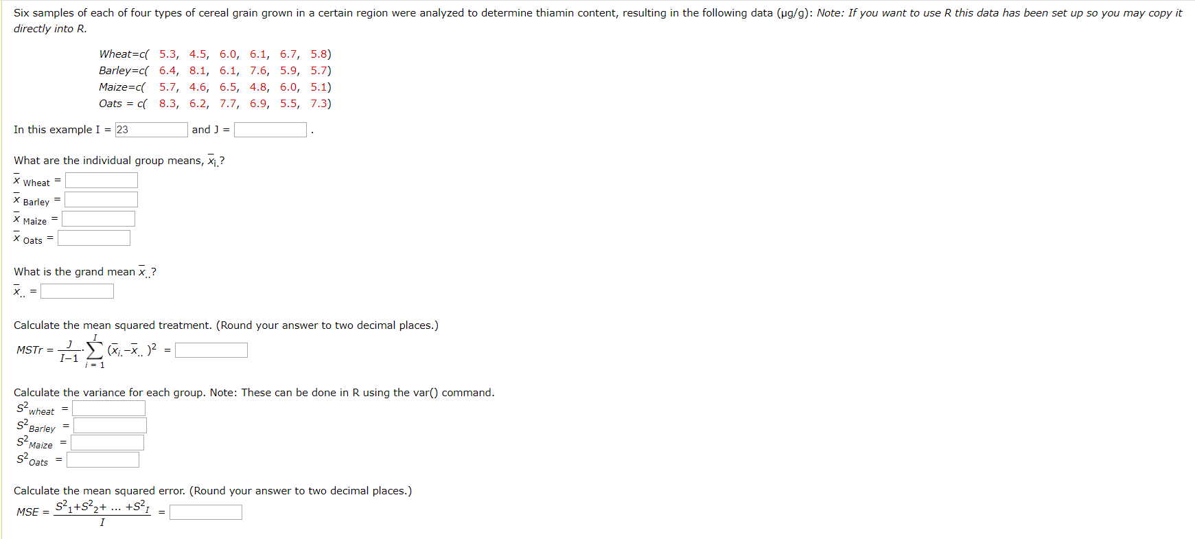 Solved Six samples of each of four types of cereal grain