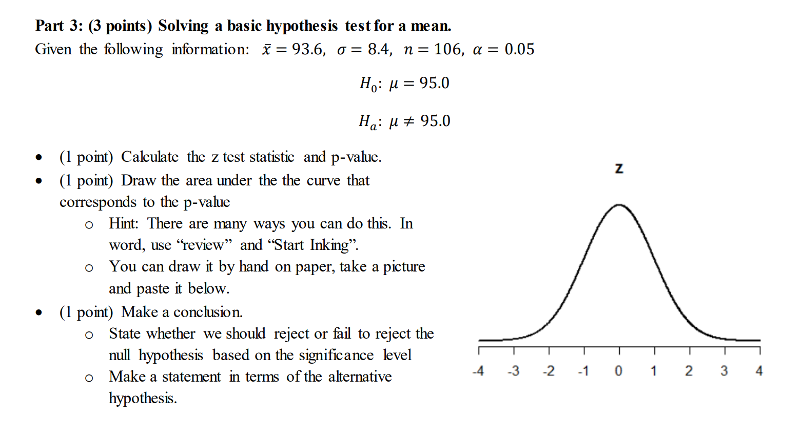 Solved Part 3: (3 Points) Solving A Basic Hypothesis Test | Chegg.com