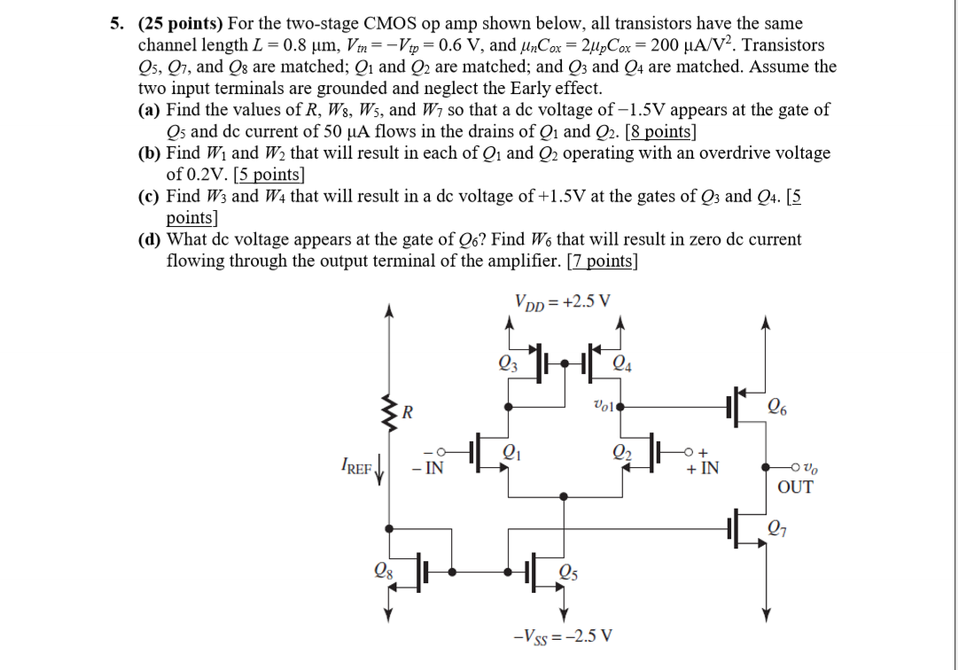 Solved 5. (25 Points) For The Two-stage CMOS Op Amp Shown | Chegg.com