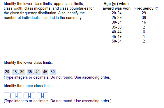 Identify the lower class limits. 20,25,30,35,40,45,50 | Chegg.com