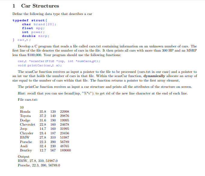 Solved 1 Car Structures Define the following data type that | Chegg.com