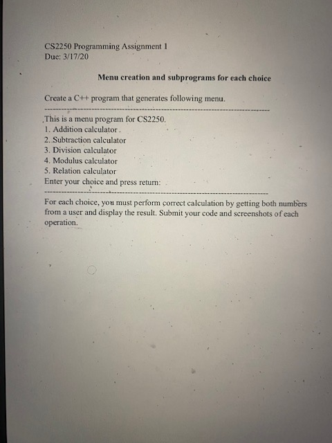 Solved CS2250 Programming Assignment 1 Due: 3/17/20 Menu | Chegg.com