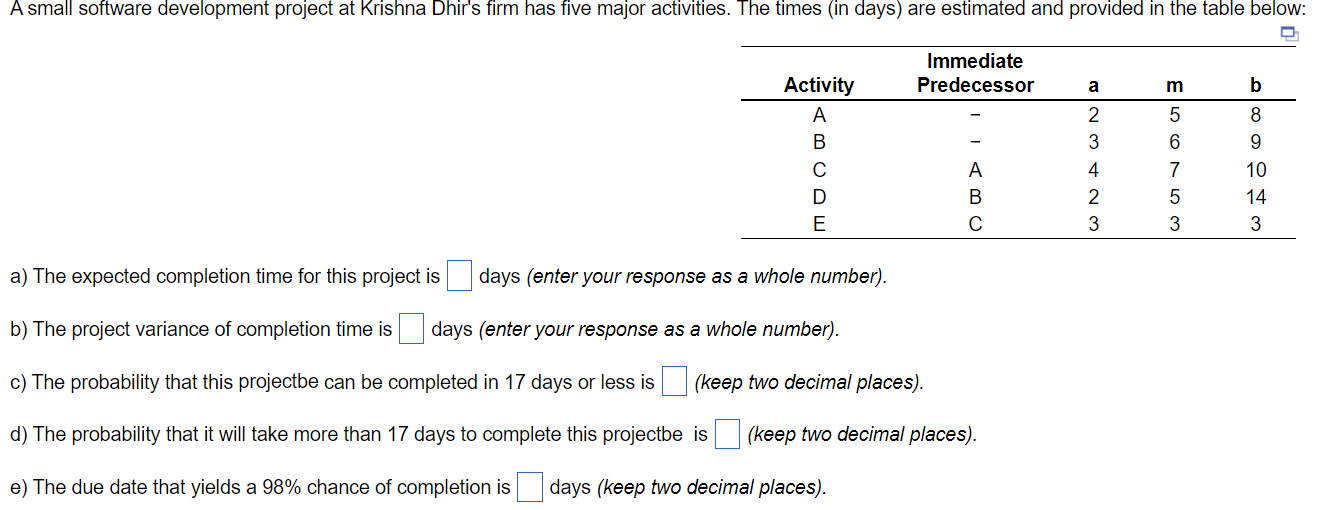 Solved A) The Expected Completion Time For This Project Is | Chegg.com