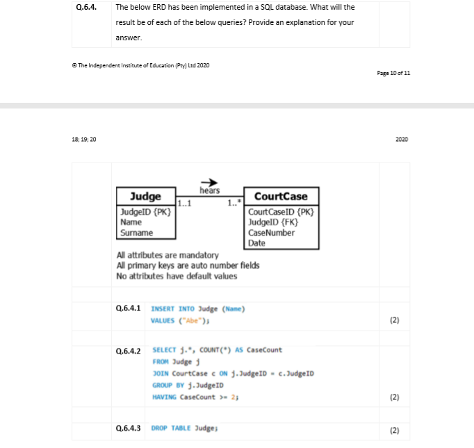 Solved Q.6.1.1 Write a SQL statement to create the table | Chegg.com