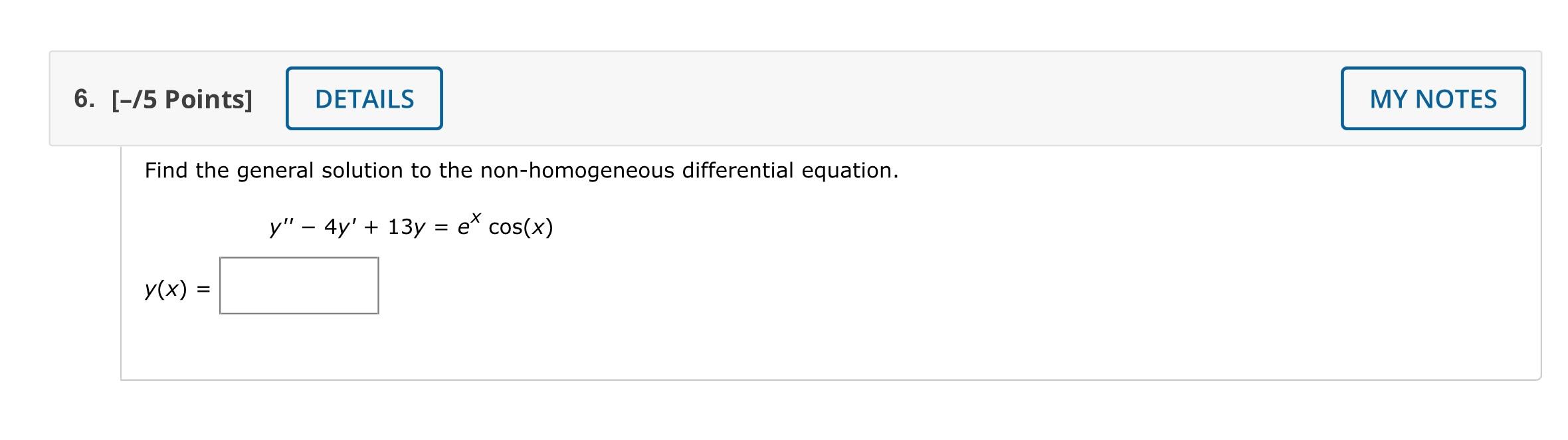 Find the general solution to the non-homogeneous differential equation.
\[
y^{\prime \prime}-4 y^{\prime}+13 y=e^{x} \cos (x)