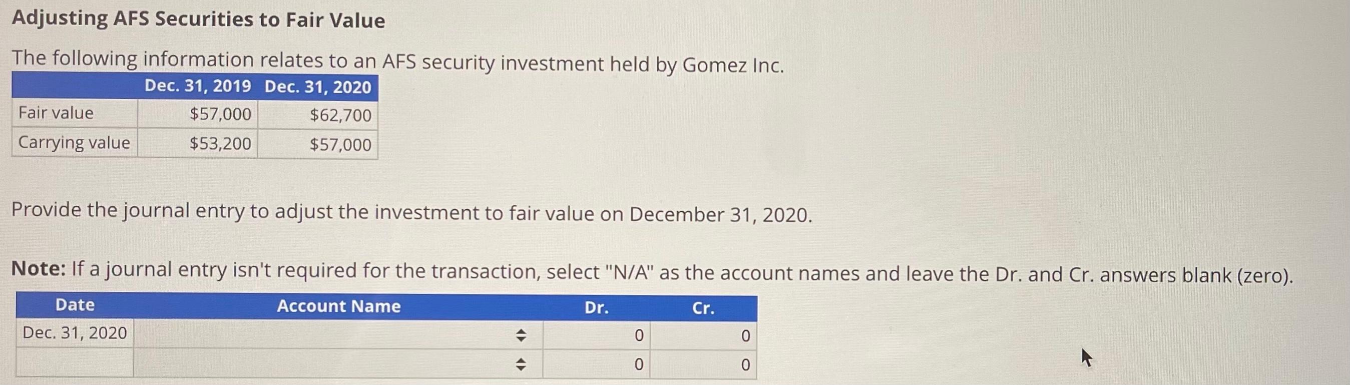 Solved Adjusting AFS Securities to Fair Value The following