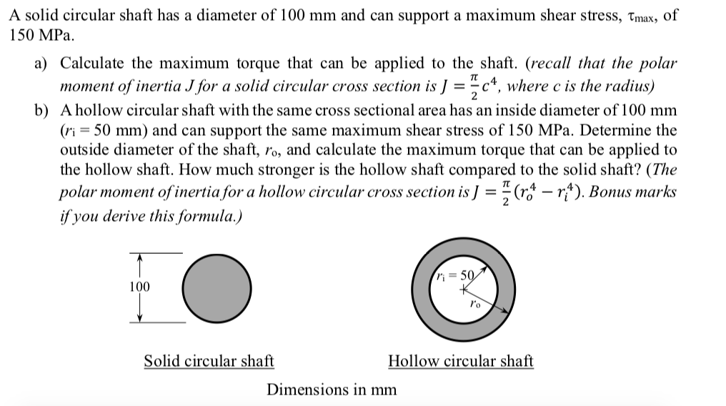 Solved A Solid Circular Shaft Has A Diameter Of 100 Mm And 