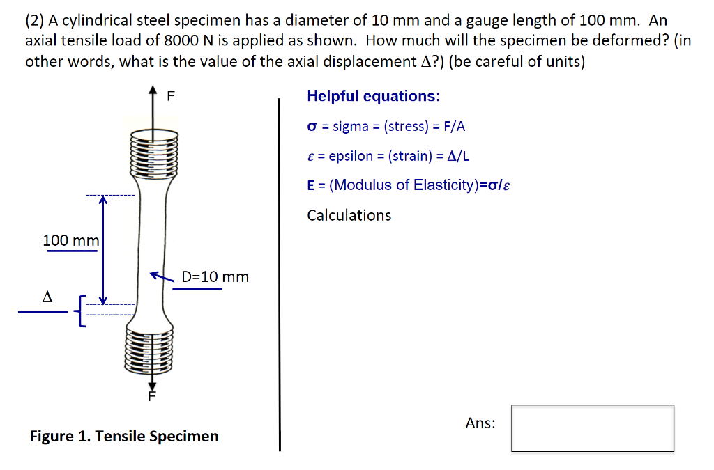 Solved (2) A cylindrical steel specimen has a diameter of 10 | Chegg.com