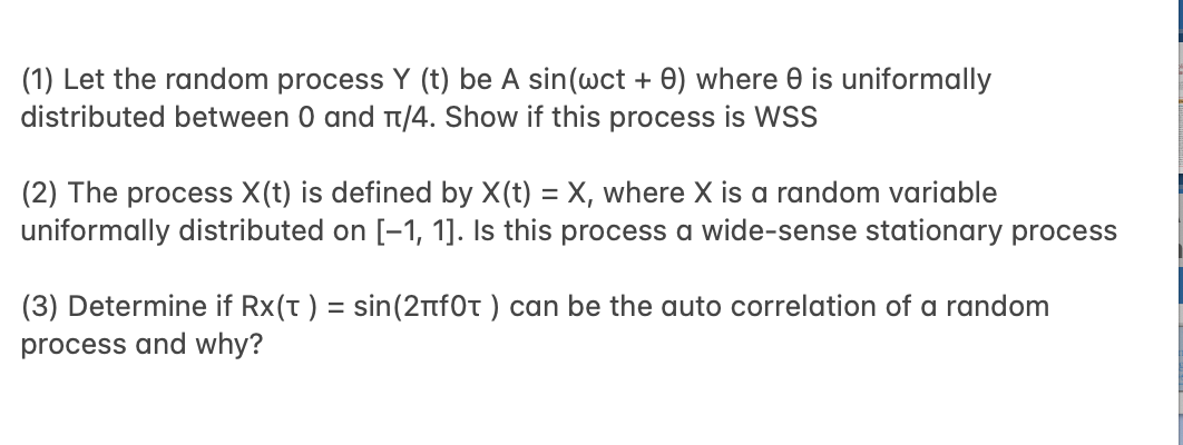 Solved (1) Let the random process Y (t) be A sin(wct + 0) | Chegg.com