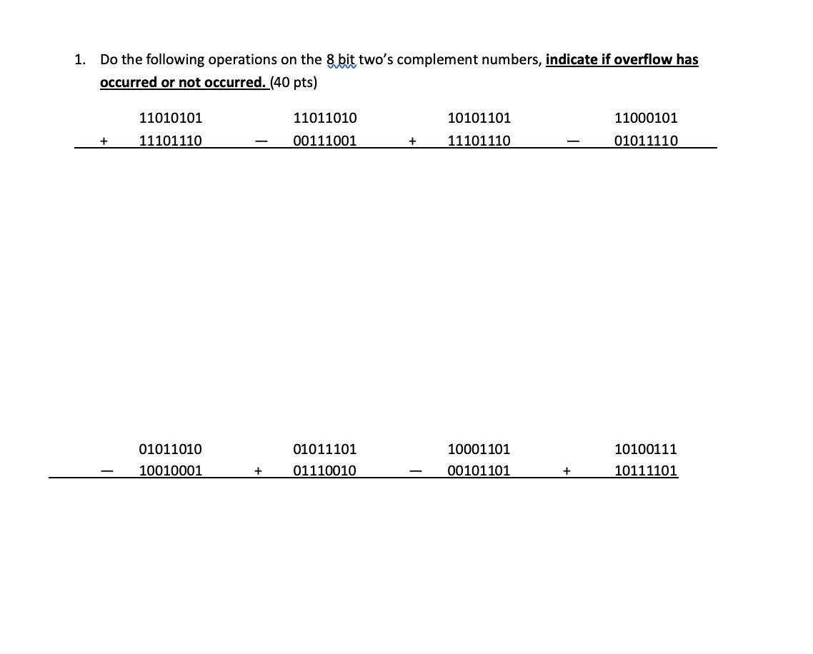 Solved 1. Do the following operations on the 8 bit two's | Chegg.com