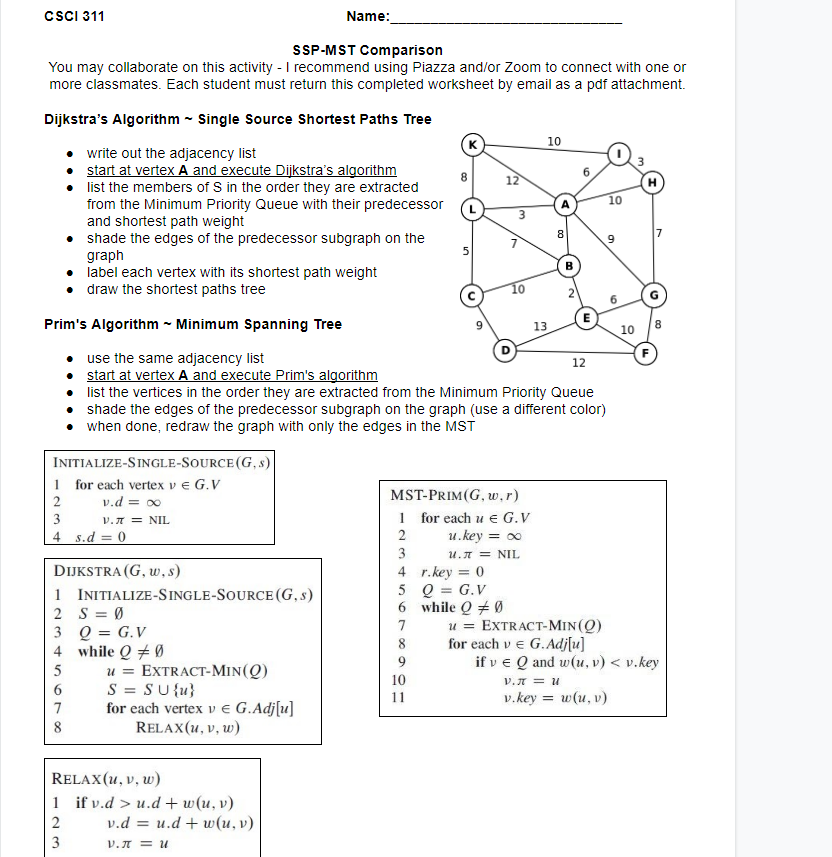 Csci 311 Name 10 Ssp Mst Comparison You May Colla Chegg Com