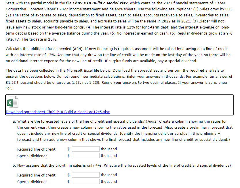 Start with the partial model in the file Ch09 P10 | Chegg.com