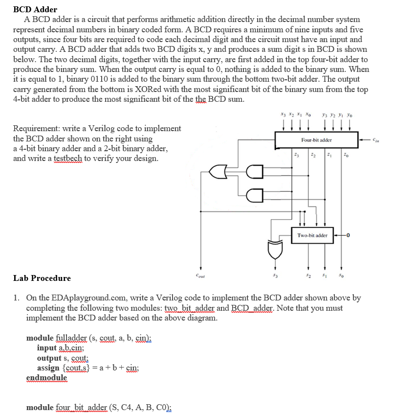 BCD Adder A BCD adder is a circuit that performs | Chegg.com