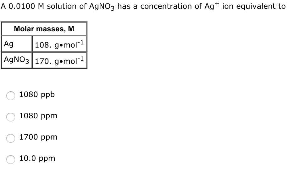 Solved A 0.0100 M solution of AgNO3 has a concentration of | Chegg.com