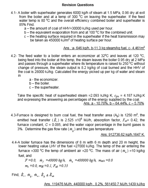 Solved Revision Questions 4.1- A boiler with superheater | Chegg.com