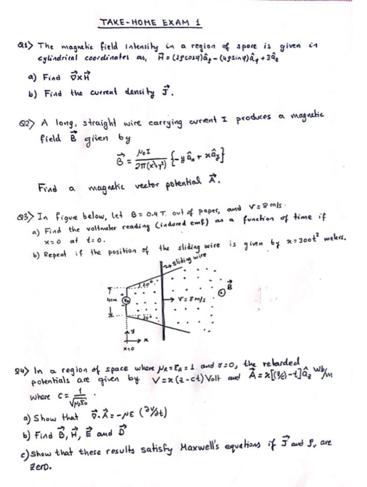 Take Home Exam 1 In Ai The Magnetic Field Inten Chegg Com