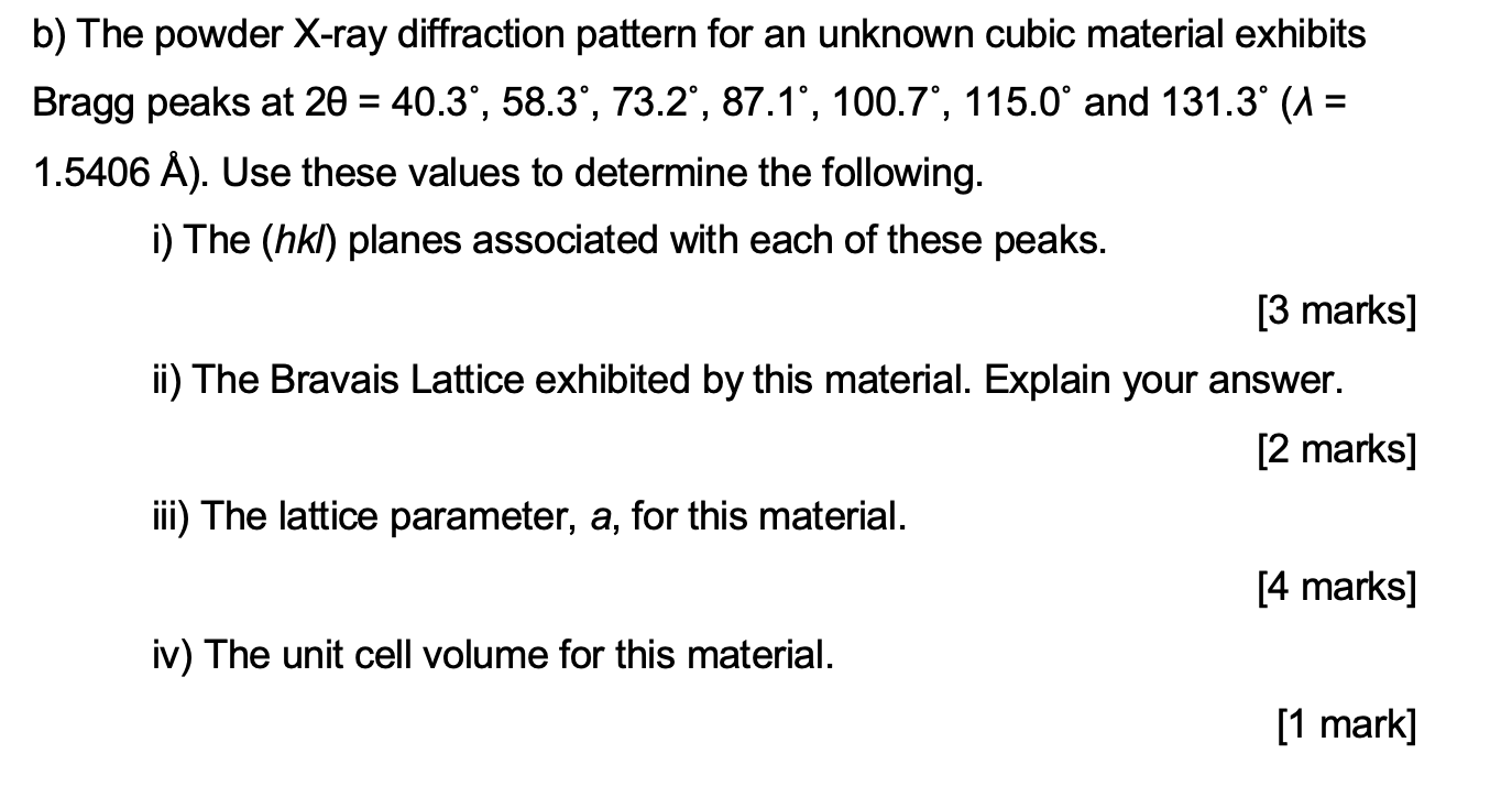 Solved b) The powder X-ray diffraction pattern for an | Chegg.com