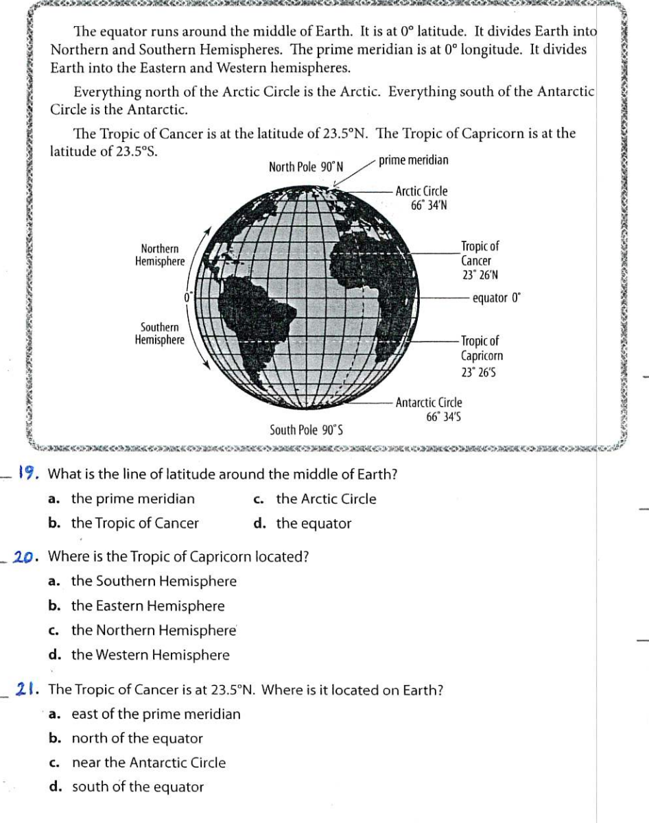 Solved The equator runs around the middle of Earth. It is at | Chegg.com