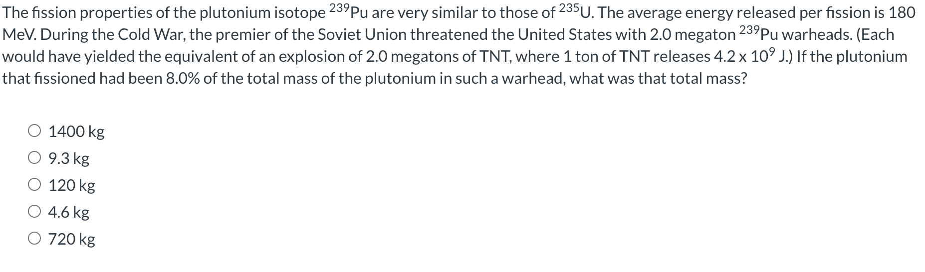 Solved The fission properties of the plutonium isotope 239 | Chegg.com