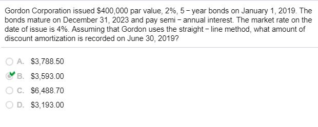 Gordon corporation issued $400,000 par value, 2%, 5-year bonds on january 1, 2019. the bonds mature on december 31, 2023 and