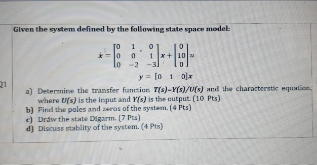Solved Given the system defined by the following state space | Chegg.com