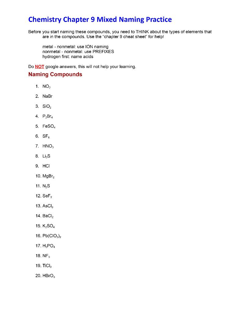 Solved Chemistry Chapter 9 Mixed Naming Practice Before you | Chegg.com