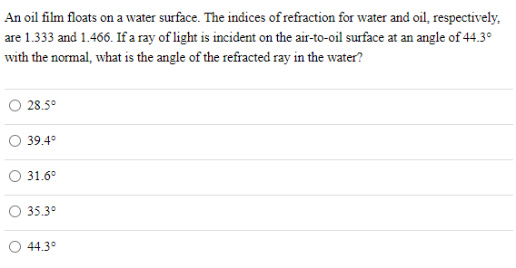 Solved An oil film floats on a water surface. The indices of | Chegg.com