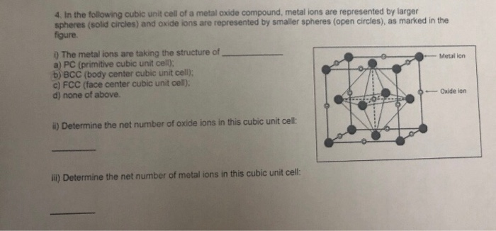 Solved 4 In the following cubic unit cell of a metal oxide | Chegg.com