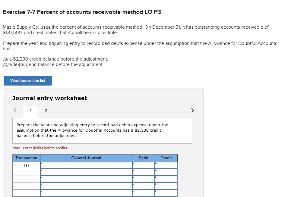 Solved Exercise 7-7 Percent Of Accounts Receivable Method LO | Chegg.com