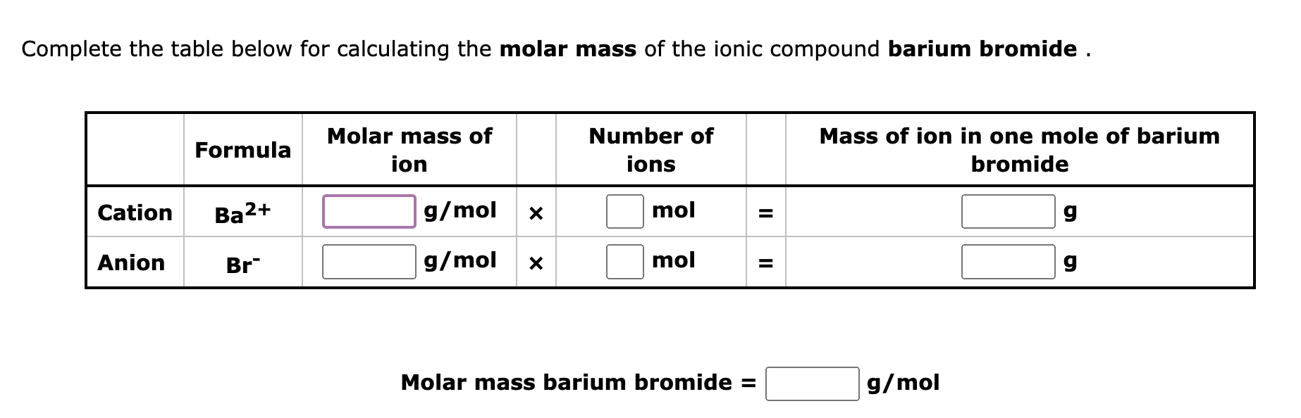 Solved omplete the table below for calculating the molar