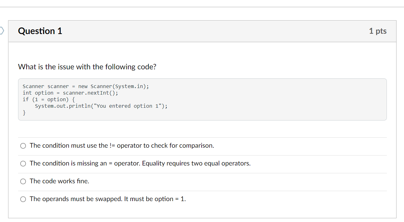 Solved > Question 1 1 pts What is the issue with the | Chegg.com