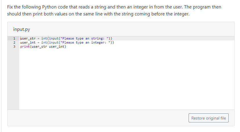 Solved Fix the following Python code that reads a string and | Chegg.com