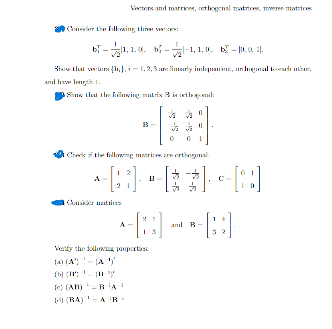 Vectors and matrices, orthogonal matrices, inverse