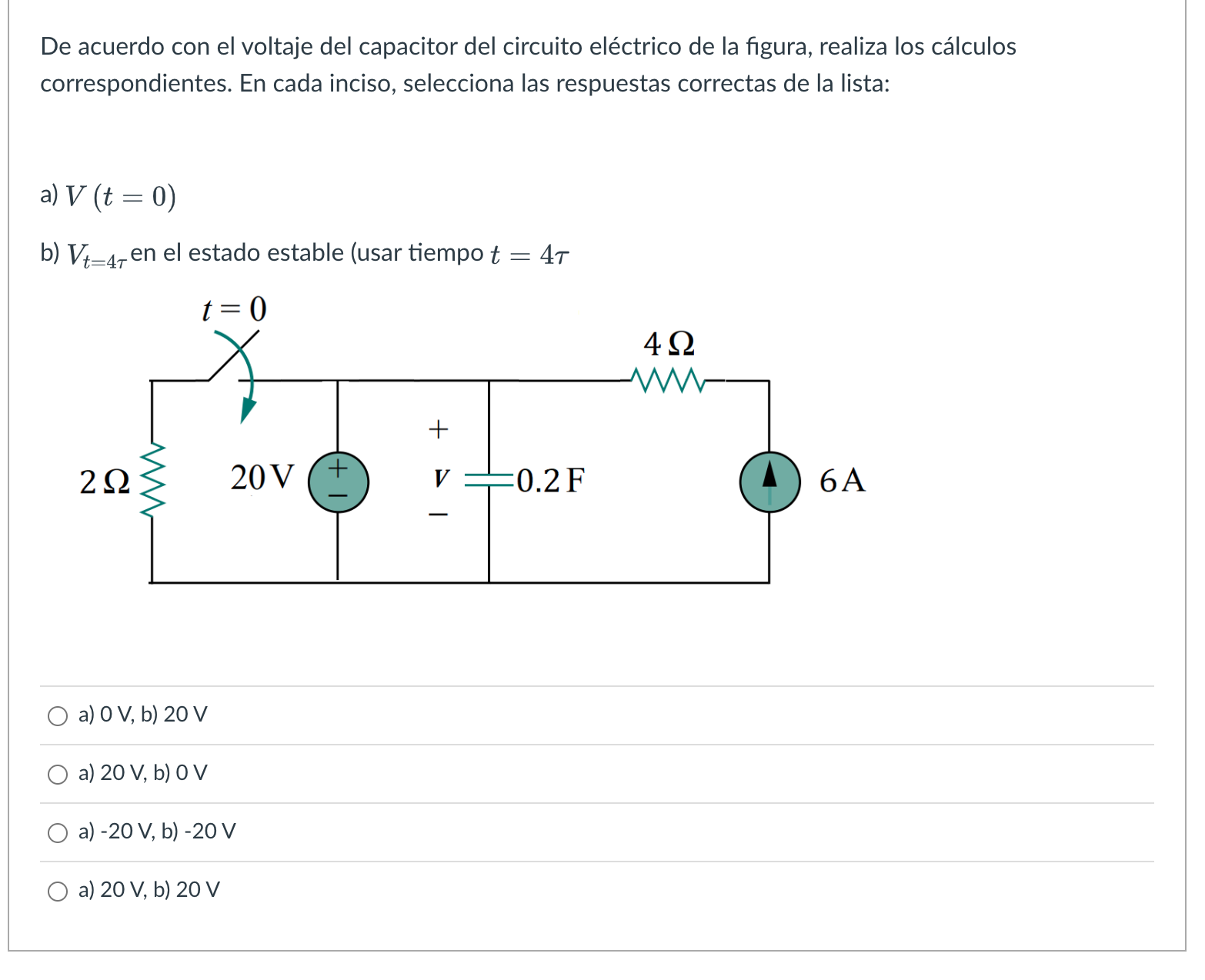 De acuerdo con el voltaje del capacitor del circuito eléctrico de la figura, realiza los cálculos correspondientes. En cada i