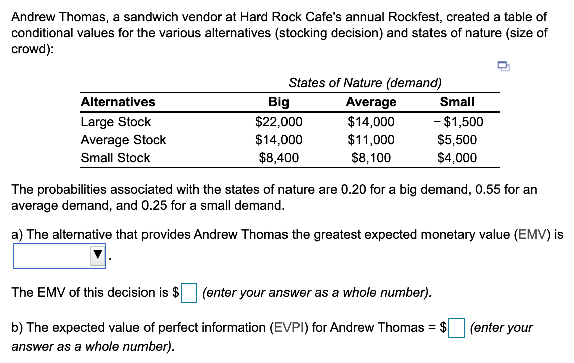 Solved Andrew Thomas, a sandwich vendor at Hard Rock Cafe's | Chegg.com