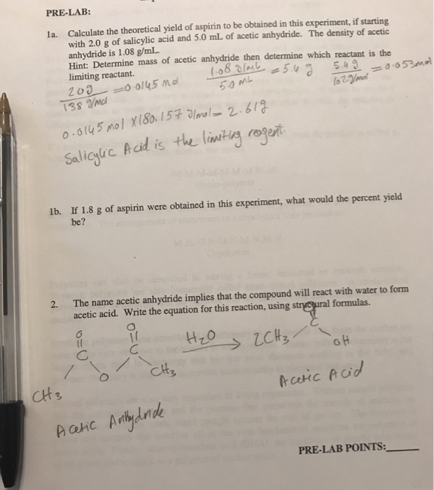 Solved Pre Lab Calculate The Theoretical Yield Of Aspirin 2375