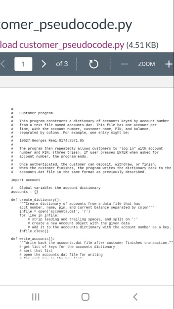 omer_pseudocode.py load customer_pseudocode.py (4.51 KB) < 1 > of 3 0 - ZOOM + Customer program This program constructs a dic