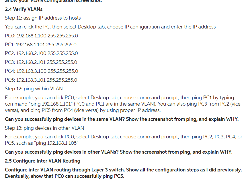 Solved 2.4 Verify VLANS Step 11: assign IP address to hosts | Chegg.com