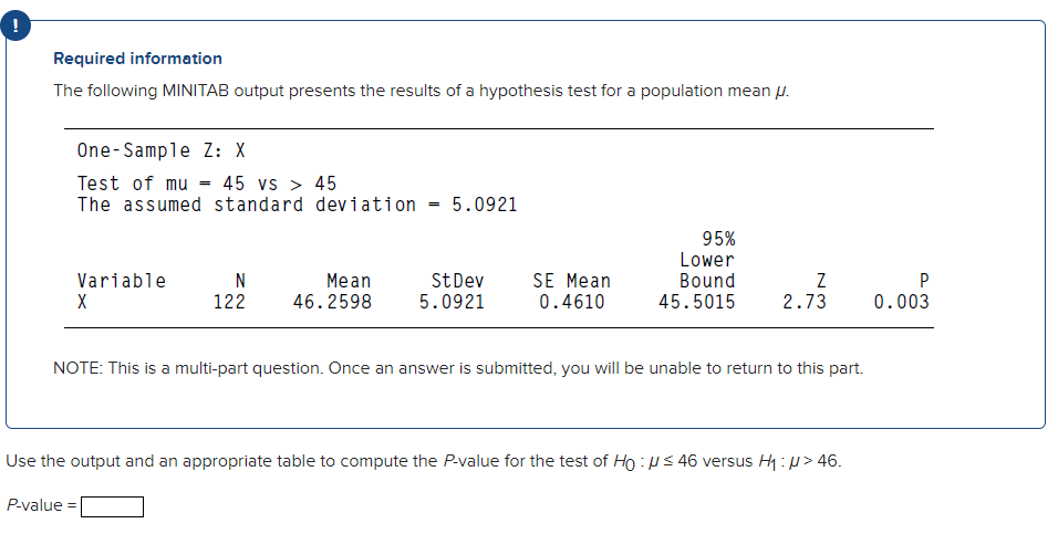 Solved Required Information The Following Minitab Outpu Chegg Com