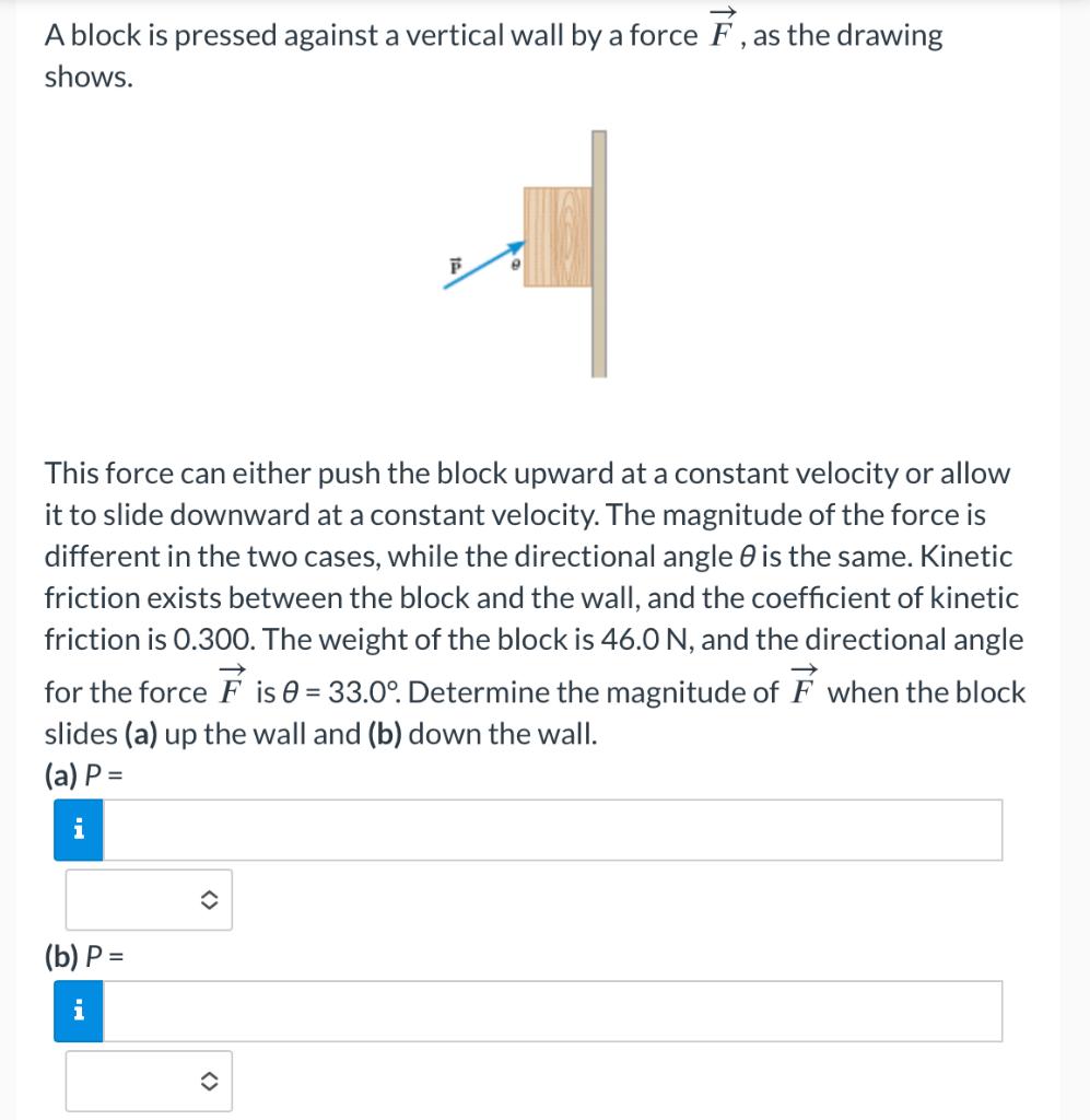 Solved A block is pressed against a vertical wall by a force | Chegg.com