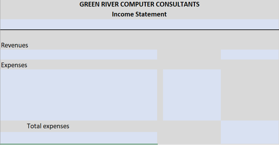 GREEN RIVER COMPUTER CONSULTANTS
Income Statement
Revenues
Expenses
Total expenses