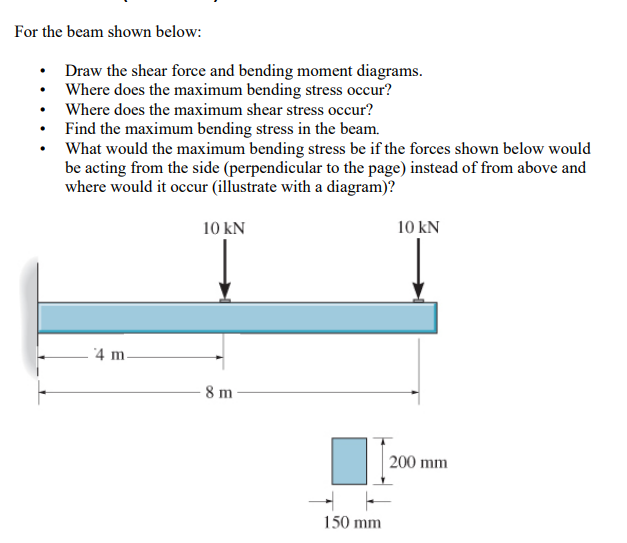 For the beam shown below:
- Draw the shear force and bending moment diagrams.
- Where does the maximum bending stress occur?
