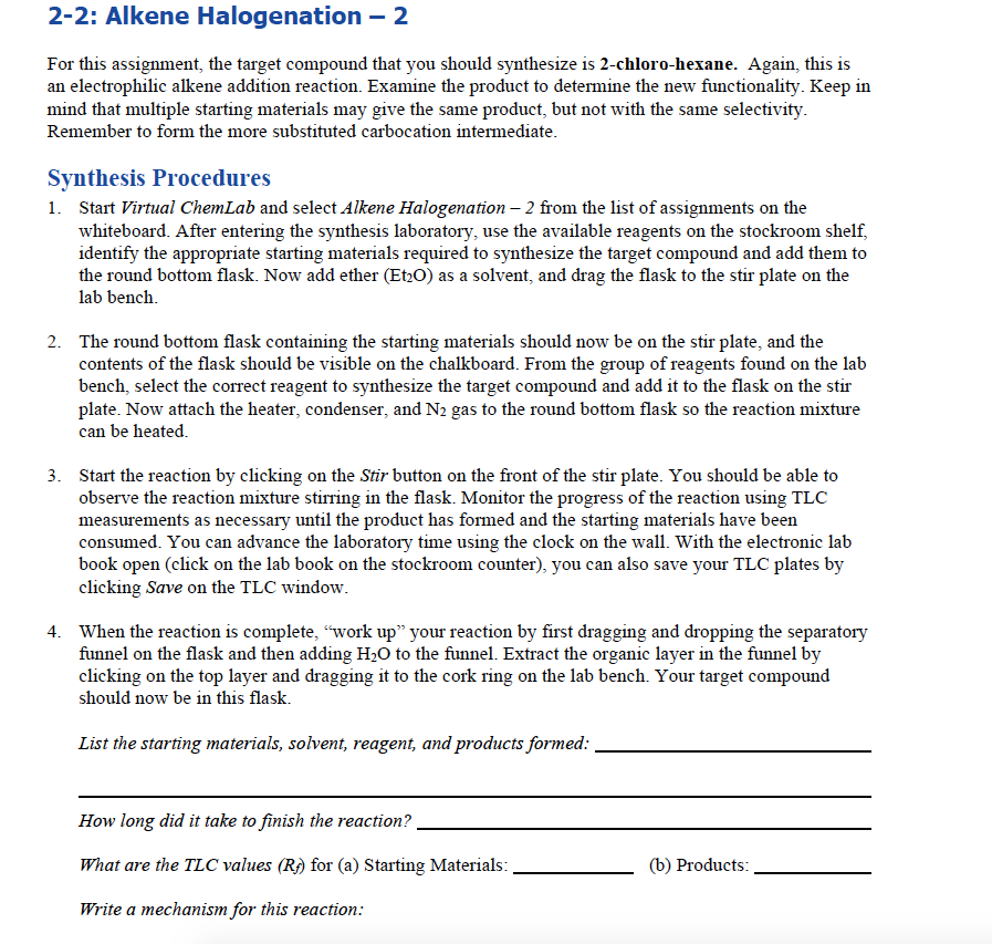 Solved Synthesize 2-chloro-hexane 1. List the starting | Chegg.com