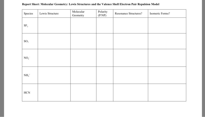 Solved Report Sheet: Molecular Geometry: Lewis Structures | Chegg.com