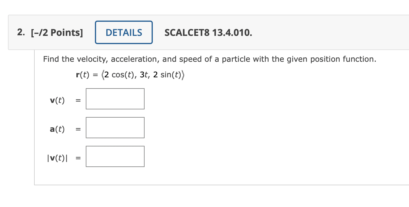 Find the velocity, acceleration, and speed of a particle with the given position function.
\[
\mathbf{r}(t)=\langle 2 \cos (t