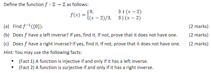 Solved Define the function f:Z→Z as follows: | Chegg.com