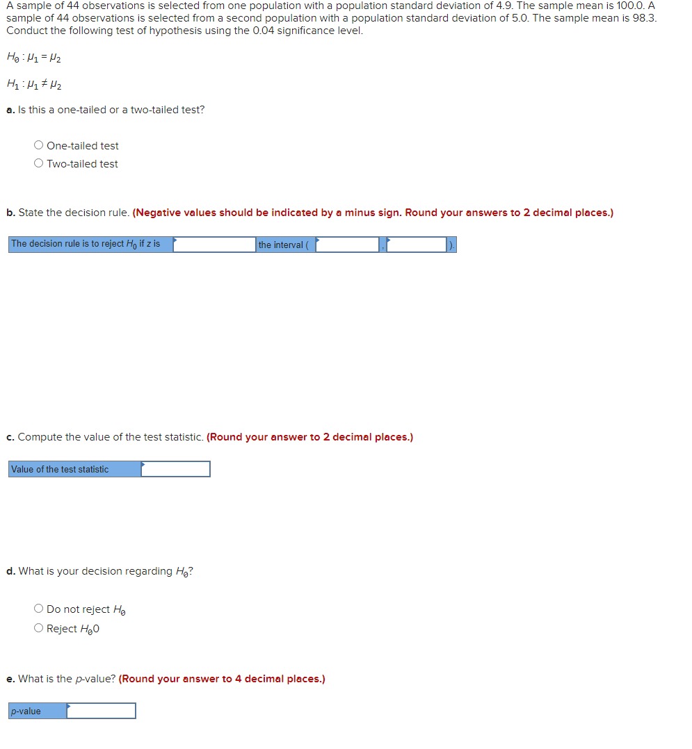 Solved *Note That B. Decision Rule Is To Reject H0 If Z Is | Chegg.com