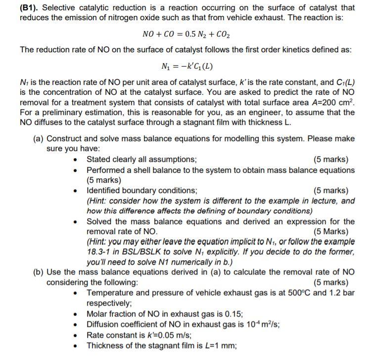 Solved (B1). Selective Catalytic Reduction Is A Reaction | Chegg.com