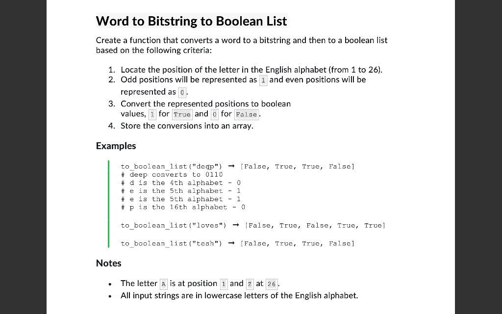 Solved Word to Bitstring to Boolean List Create a function | Chegg.com