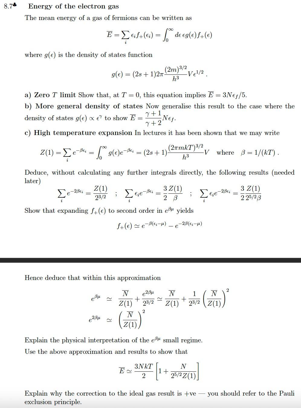 Solved 8.74 Energy of the electron gas The mean energy of a | Chegg.com